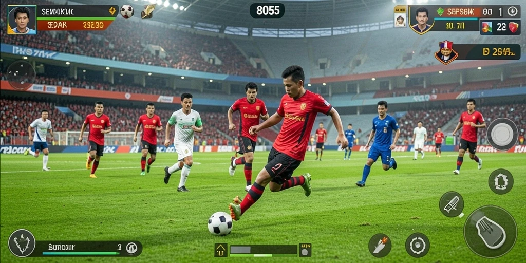 Tampilan gameplay sepak bola yang menegangkan dan penuh aksi.