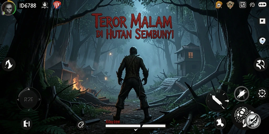 Tampilan gameplay menakutkan dari ID6788 saat mengeksplorasi hutan angker.