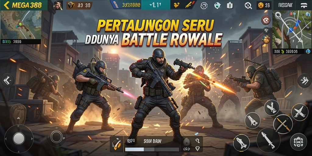 Tangkapan layar gameplay MEGA388 menampilkan pertempuran seru Battle Royale.