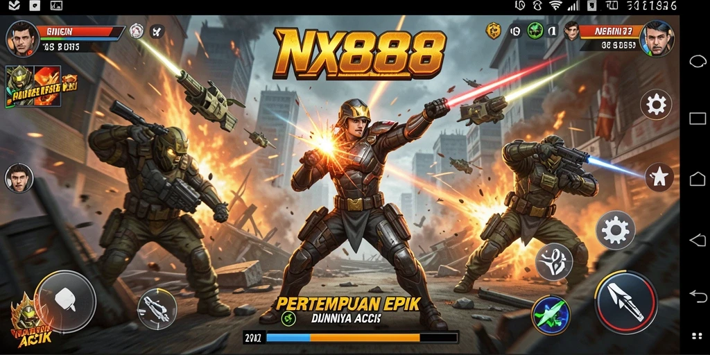 Screenshot gameplay NX888 menampilkan aksi pertempuran yang mendebarkan.