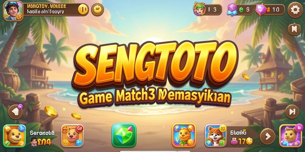 Tangkapan layar gameplay SENGTOTO dengan elemen Match-3 yang berwarna-warni.