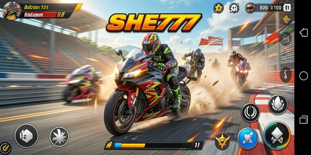 Screenshot gameplay intens dari balapan motor di SHE777.